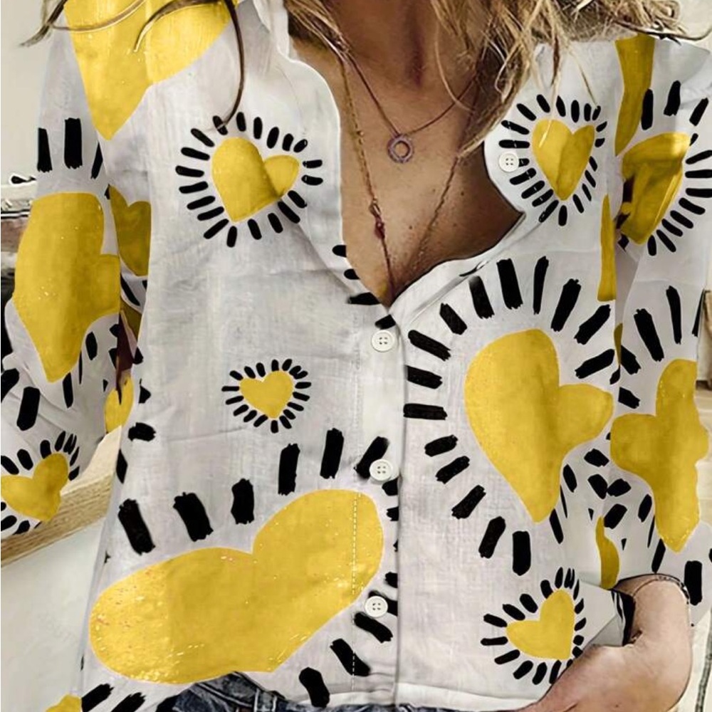 Boho Heart Print Button Down Up Shirt Top Blouse - Picture 3 of 11